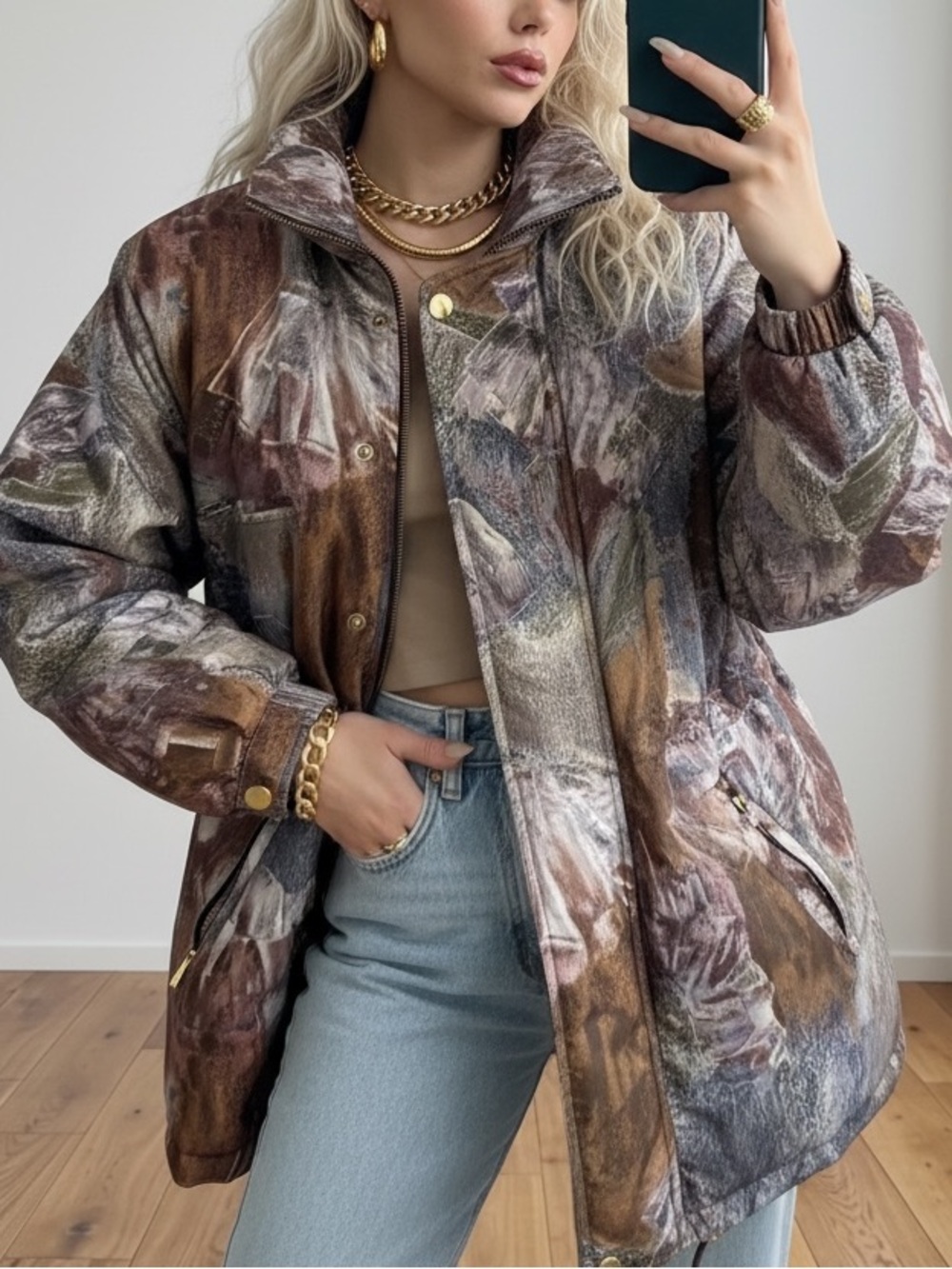 Vintage 90s Apropos Oversized Abstract Painterly Puffer Winter Jacket